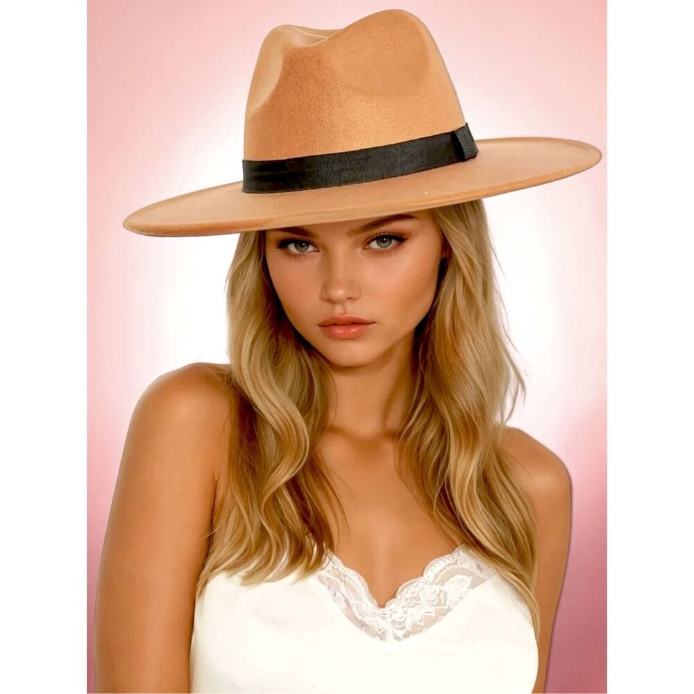 FAME Camel Wide Brim Fedora Hat | Tan Boho Rancher Western Black Ribbon NEW - Picture 2 of 14